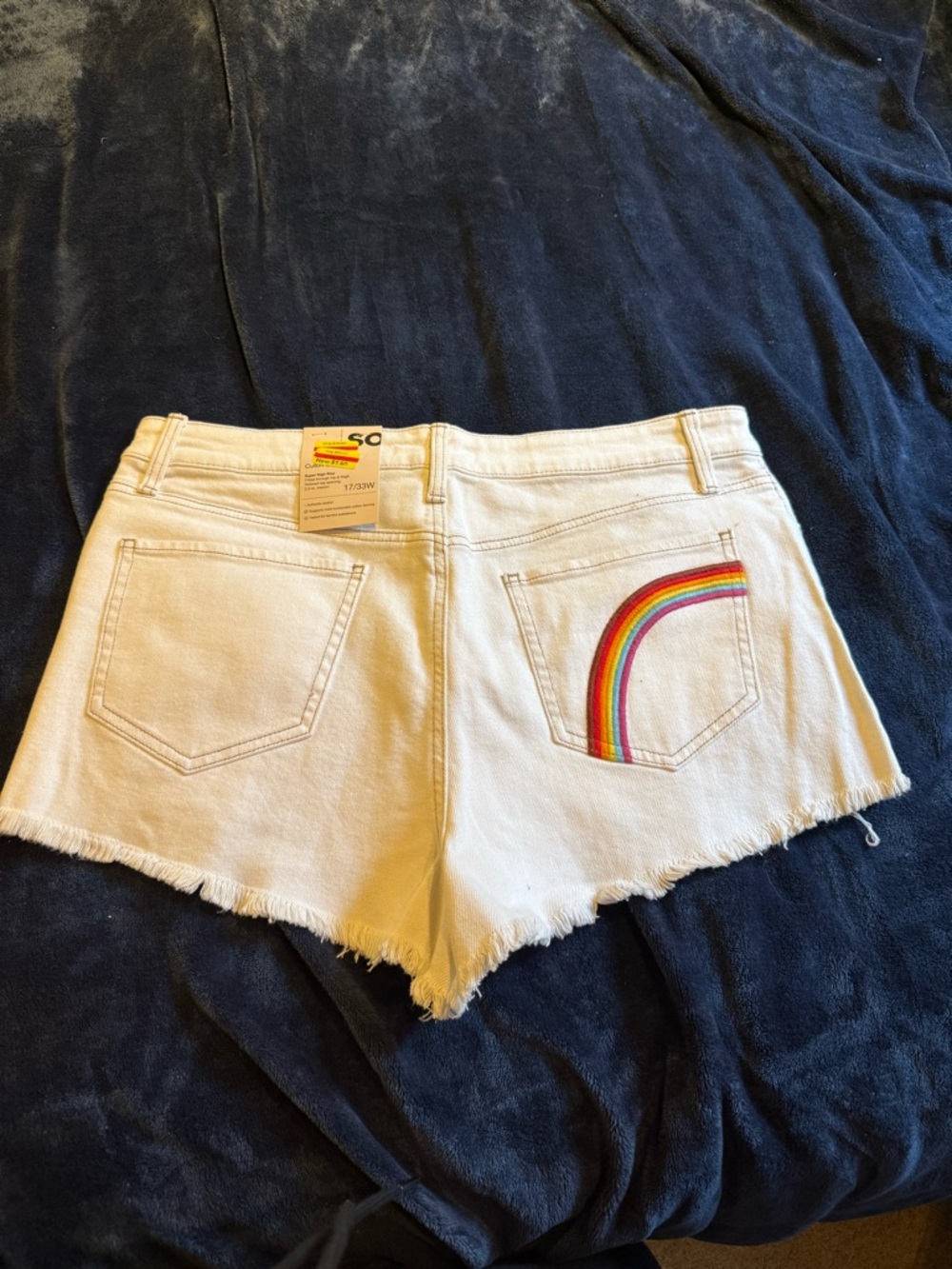 SO White Denim Shorts with Rainbow Pocket Embroidery